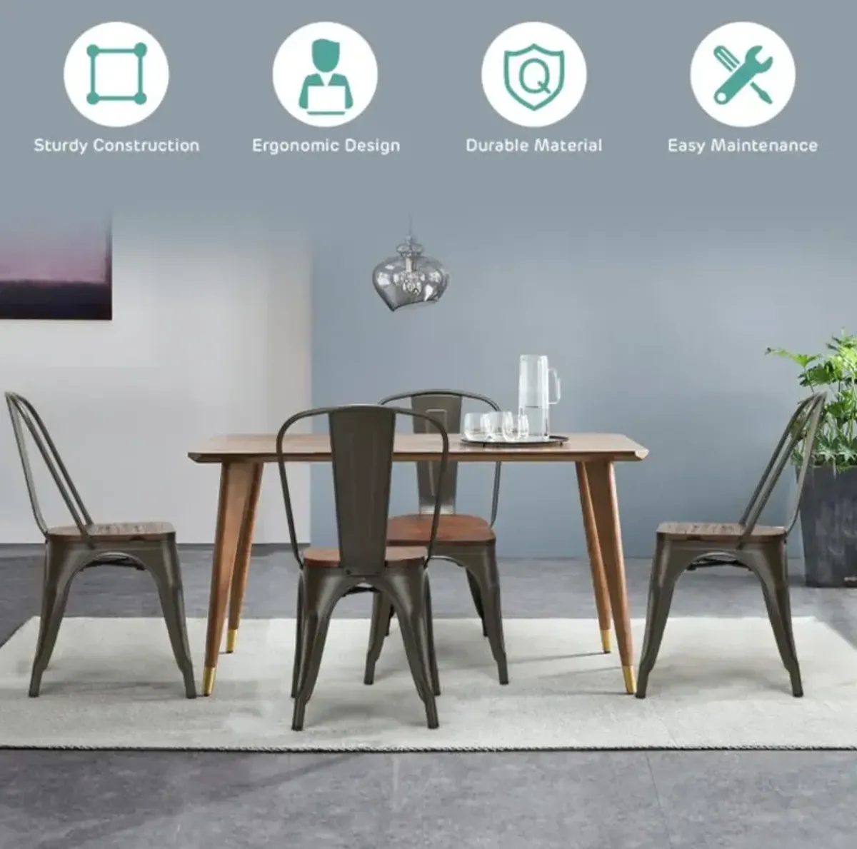 Hivvago 18 Inch Set of 4 Stackable Metal Dining Chair with Wood Seat