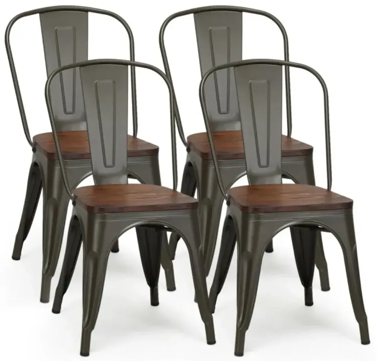 Hivvago 18 Inch Set of 4 Stackable Metal Dining Chair with Wood Seat