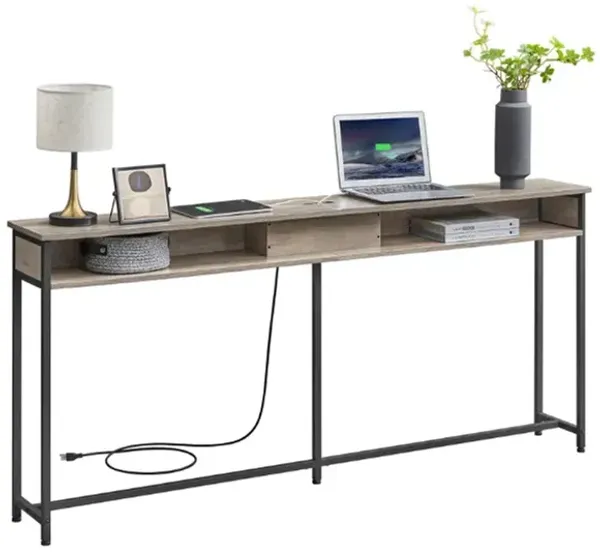 Long Console Table with Charging Station – 70" Sofa Table with Power Outlets and 3-Tier Shelves for Decor and Devices
