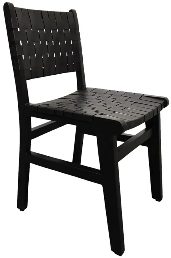 Coxy Dining Chair Set of 2, Woven Black Goat Leather Straps, Wood
