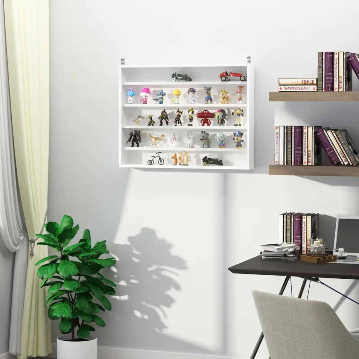 White Display Cabinet: 5-Tier Wall Shelf with Glass Doors