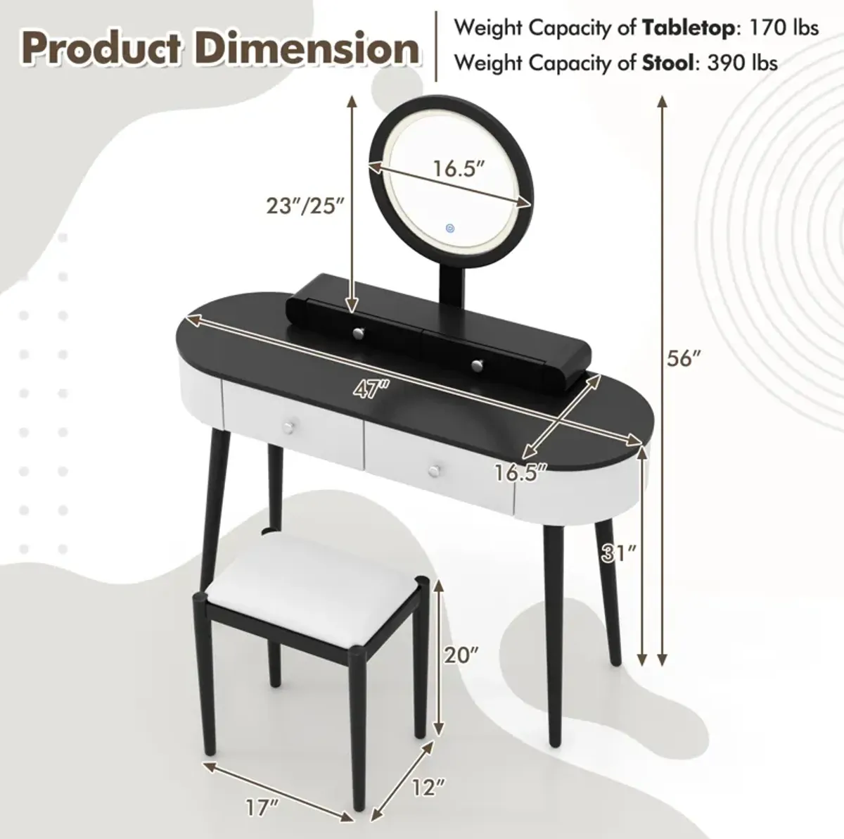 Makeup Vanity Table Set with LED Mirror and 3 Spacious Drawers