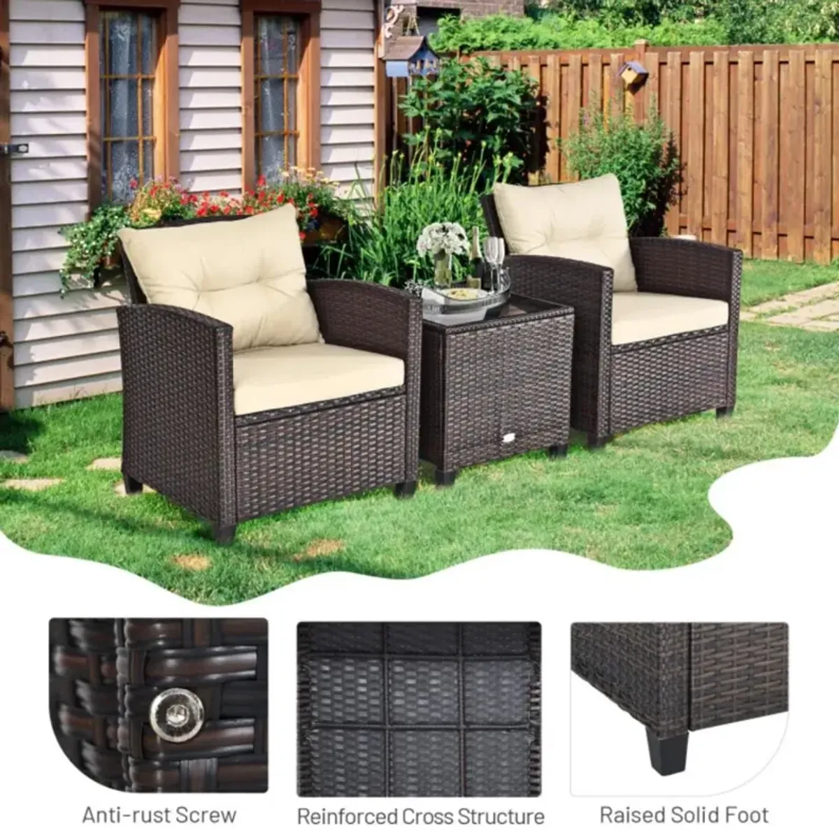 Hivvago 3 Pieces Rattan Patio Furniture Set with Washable Cushion