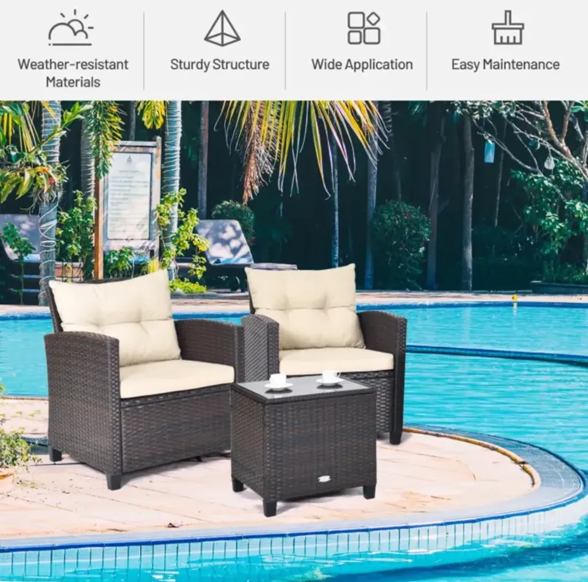 Hivvago 3 Pieces Rattan Patio Furniture Set with Washable Cushion