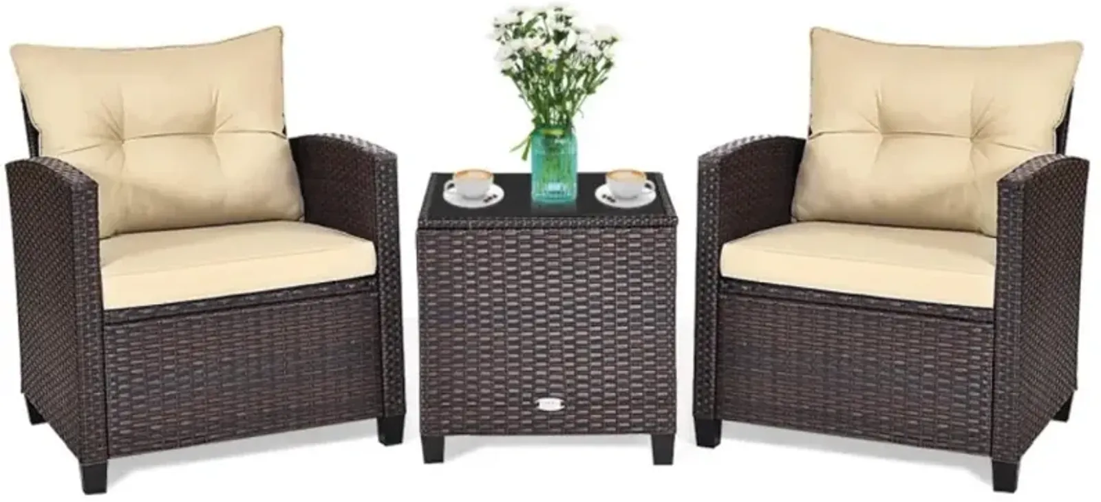 Hivvago 3 Pieces Rattan Patio Furniture Set with Washable Cushion