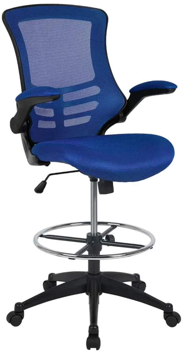 Flash Furniture Kelista Mid-Back Blue Mesh Ergonomic Drafting Chair | Adjustable Foot Ring, Flip-Up Arms | Comfort and Productivity