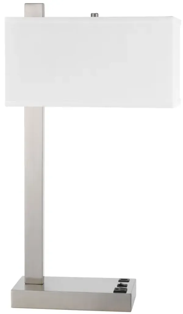 Nacy Table Lamp, 1 Power Outlet and USB Port, Chrome Steel 25 Inch - Benzara