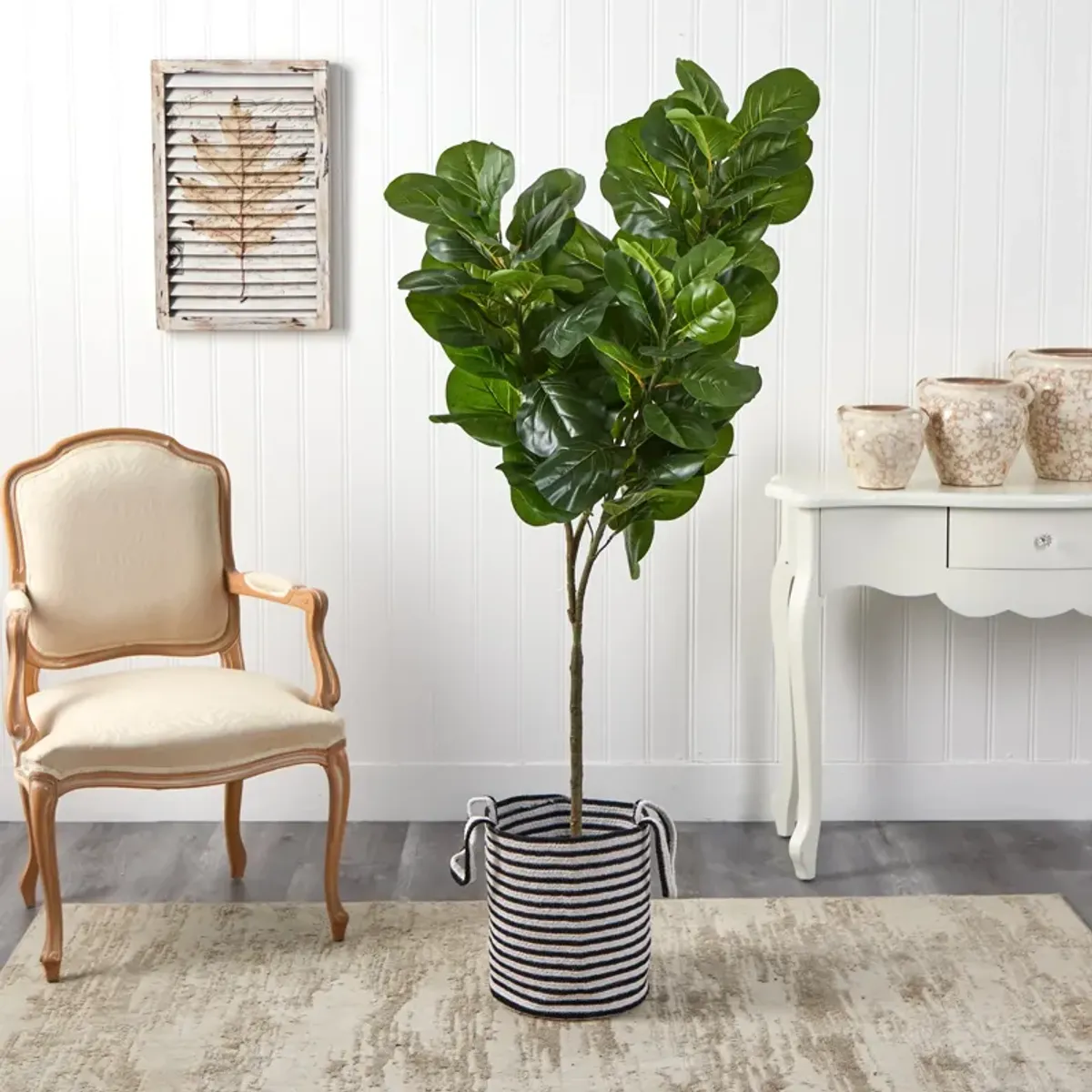 HomPlanti 6 Feet Fiddle Leaf Fig Artificial Tree in Handmade Black and White Natural Jute and Cotton Planter