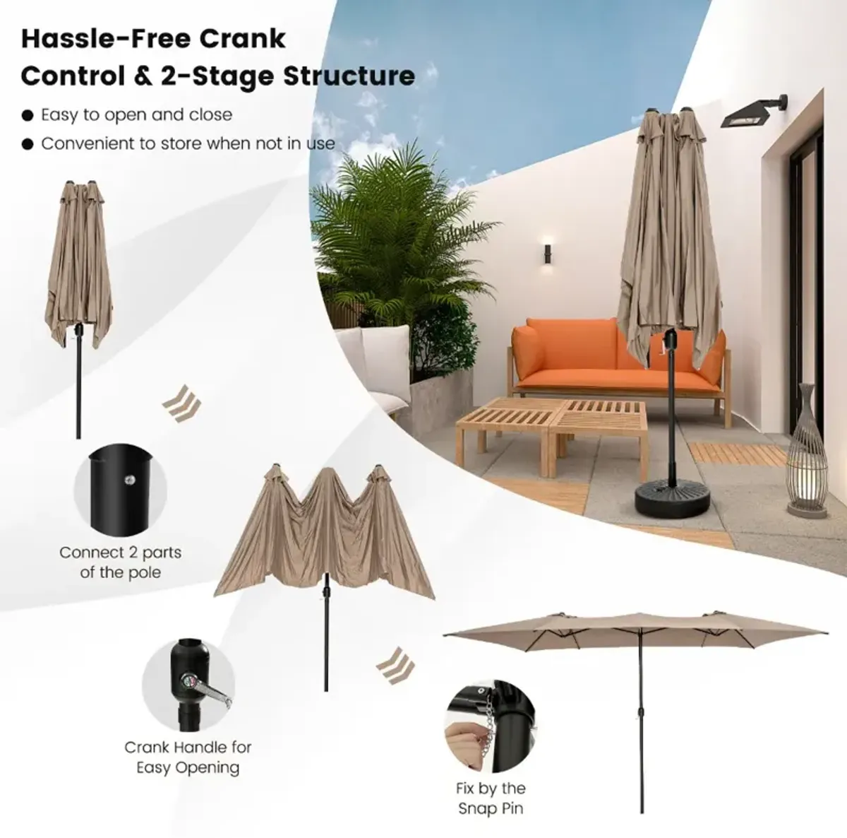 15 Feet Double-Sized Patio Umbrella with Crank Handle and Vented Tops