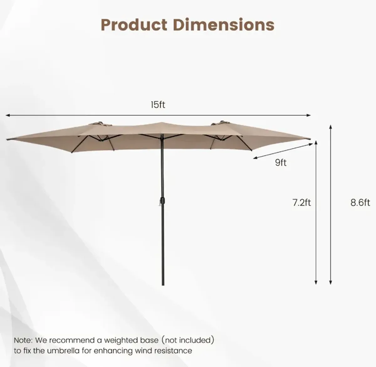 15 Feet Double-Sized Patio Umbrella with Crank Handle and Vented Tops