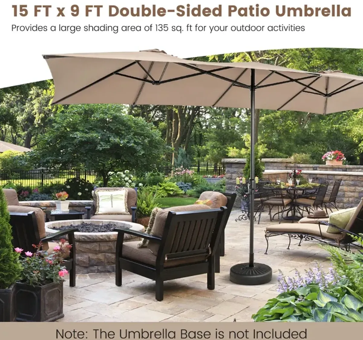 15 Feet Double-Sized Patio Umbrella with Crank Handle and Vented Tops