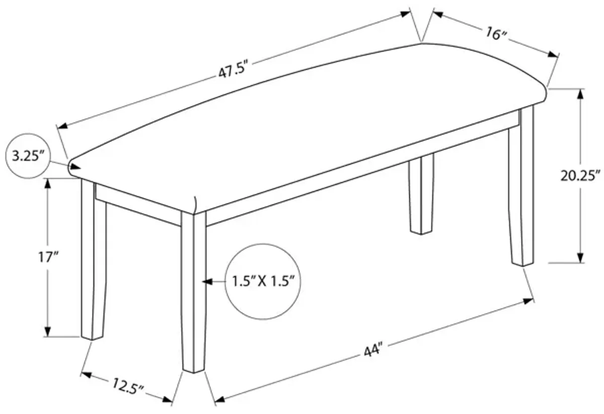 Monarch Specialties I 1334 - 48 Inch Rectangular Bench, Dining Room, Hallway, Entryway, Upholstered, Brown Solid Wood, Transitional