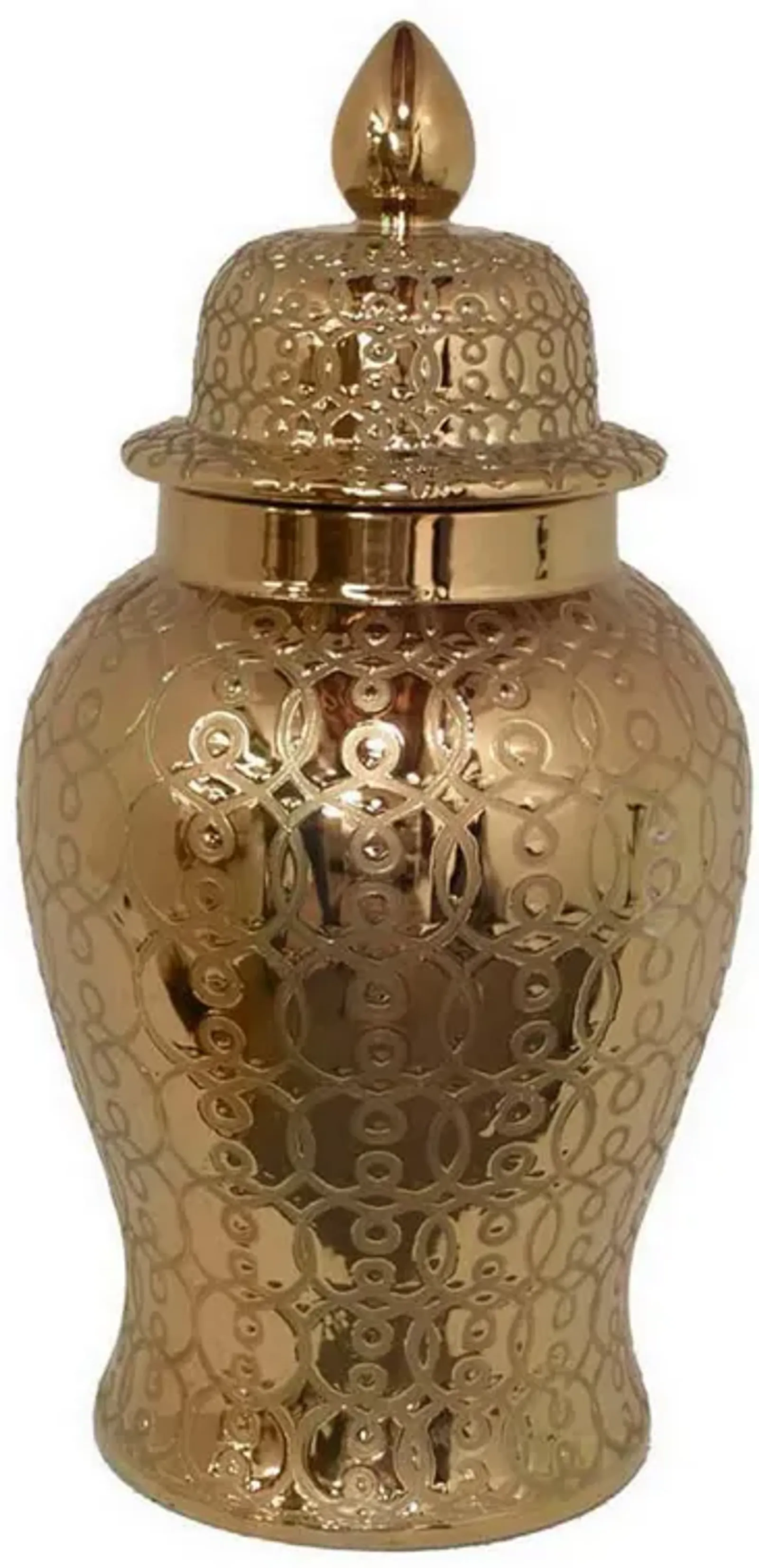 Deni 25 Inch Temple Jar, Large Classic Curved Design, Lid Gold Ceramic - Benzara