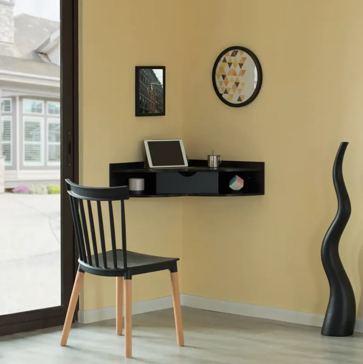 White Corner Desk Heart Shaped Wall Mounted Office Table with Drawer and Two Shelves Computer Writing Desk