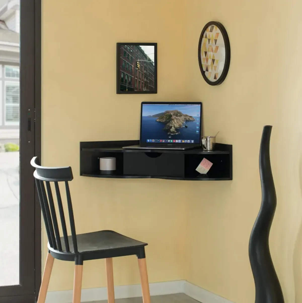 White Corner Desk Heart Shaped Wall Mounted Office Table with Drawer and Two Shelves Computer Writing Desk