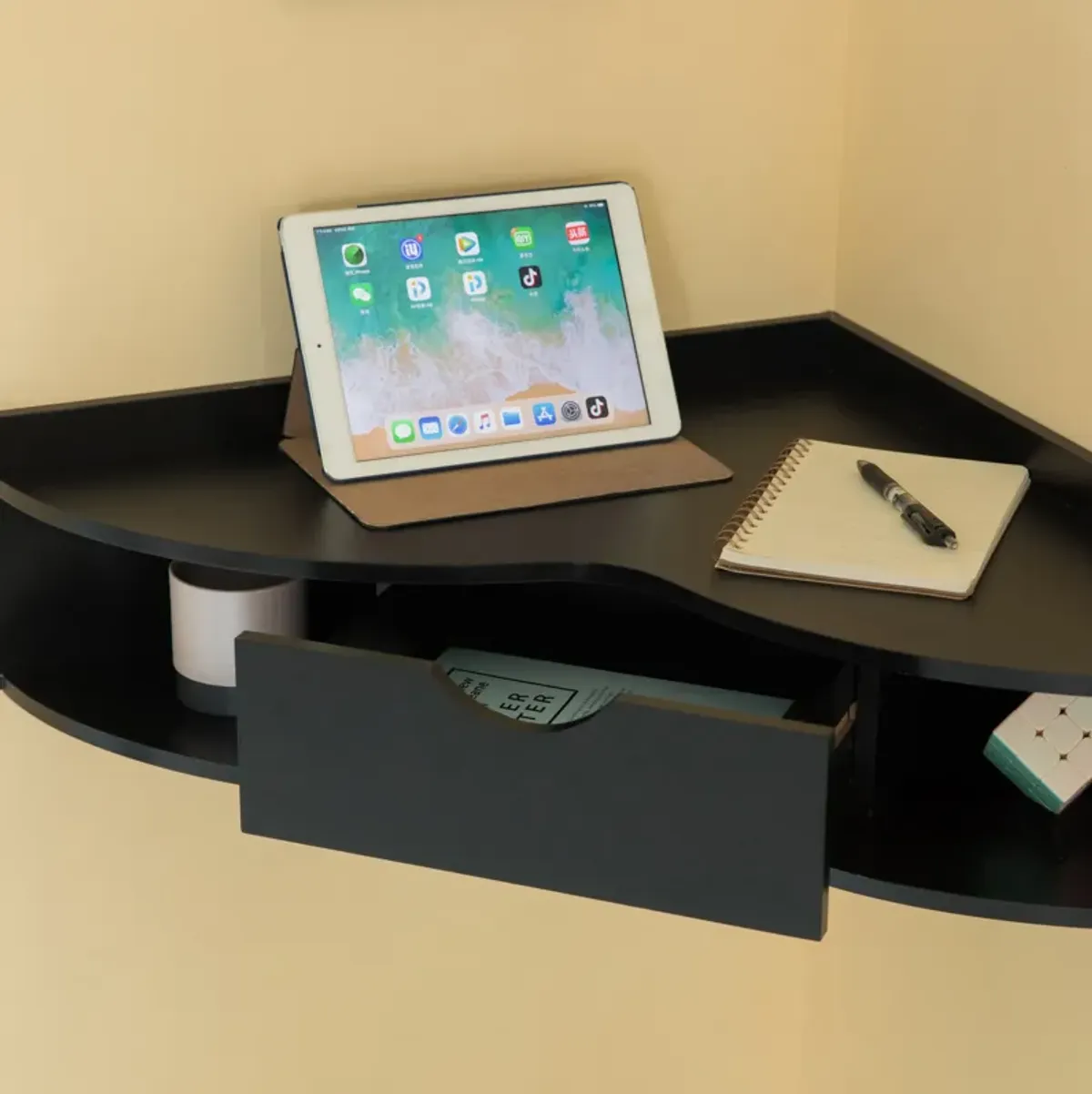 White Corner Desk Heart Shaped Wall Mounted Office Table with Drawer and Two Shelves Computer Writing Desk