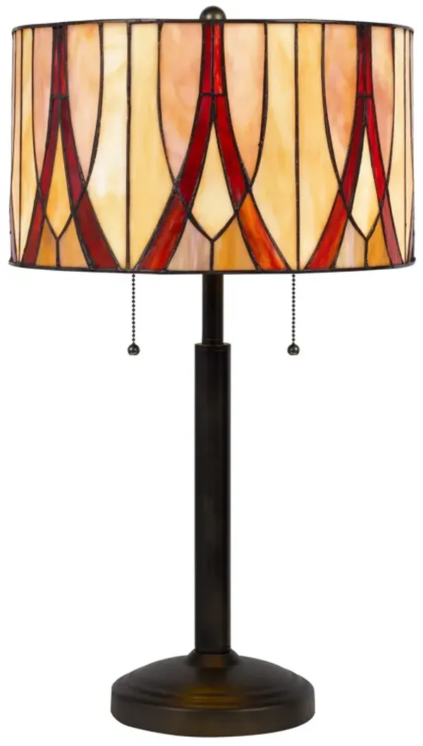 Eli 24 Inch Tiffany Style Table Lamp, Glass Shade, Antique Bronze - Benzara