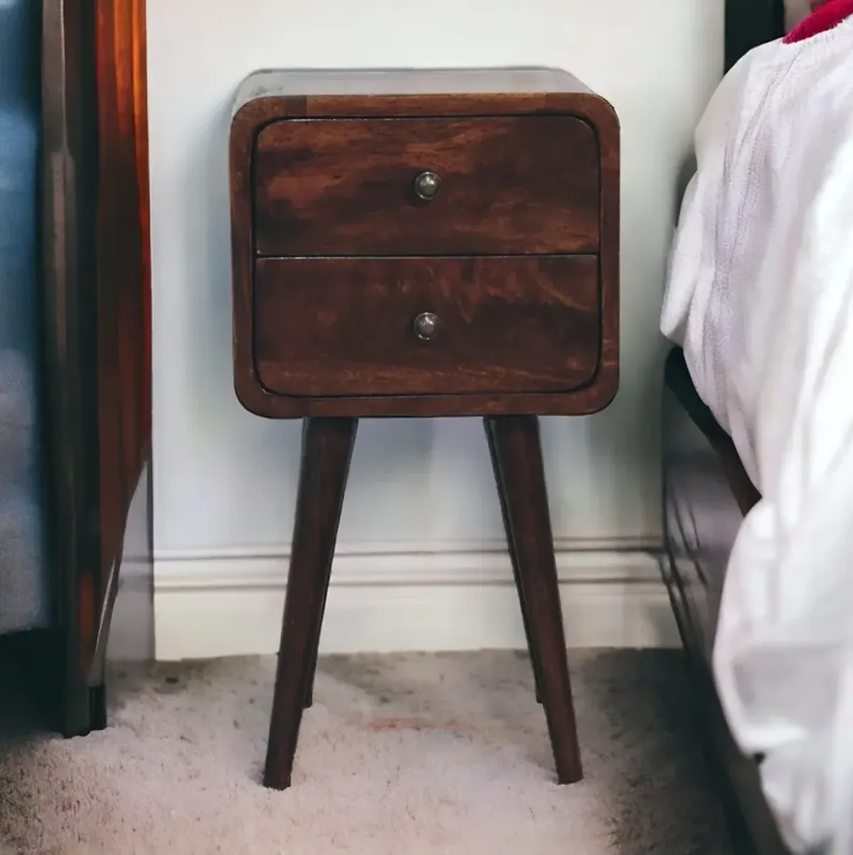 Mini Light Walnut  Solid Wood 2 Drawers Curved NightStand