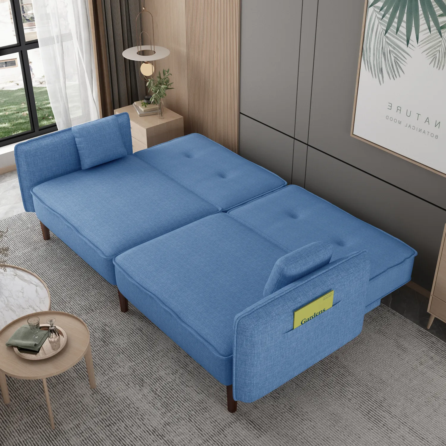 Living Room Bedroom Leisure Futon Sofa Bed In Fabric With Solid Wood Leg