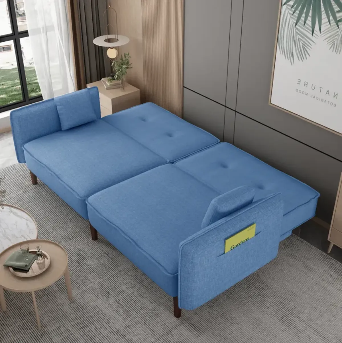 Living Room Bedroom Leisure Futon Sofa Bed In Fabric With Solid Wood Leg