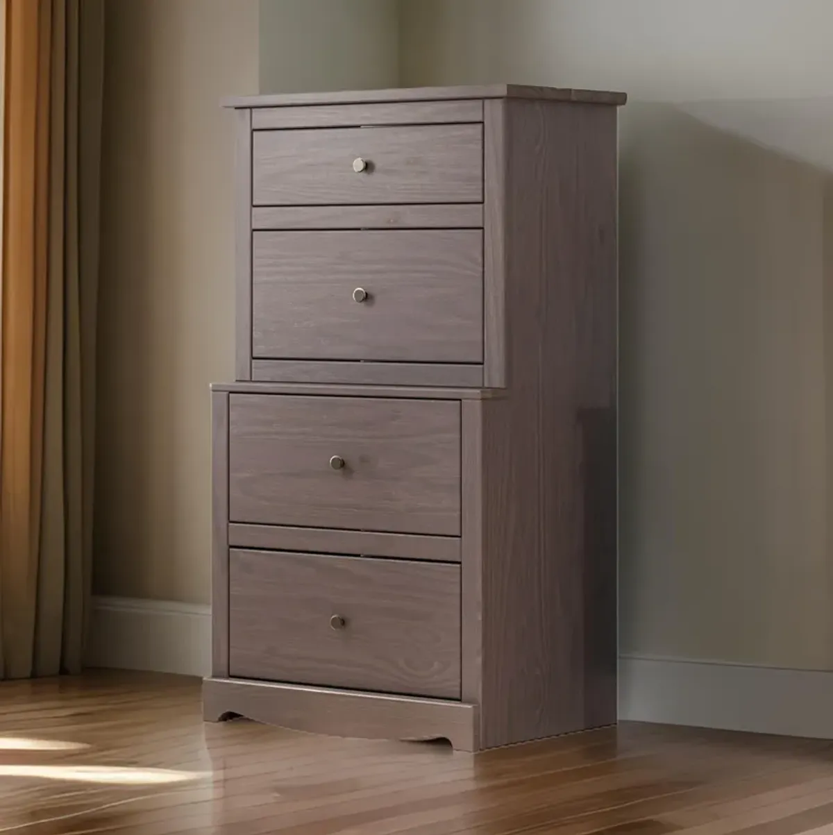 Stav Tall Dresser Chest with 4 Drawers, Plank Style, Gray Solid Wood