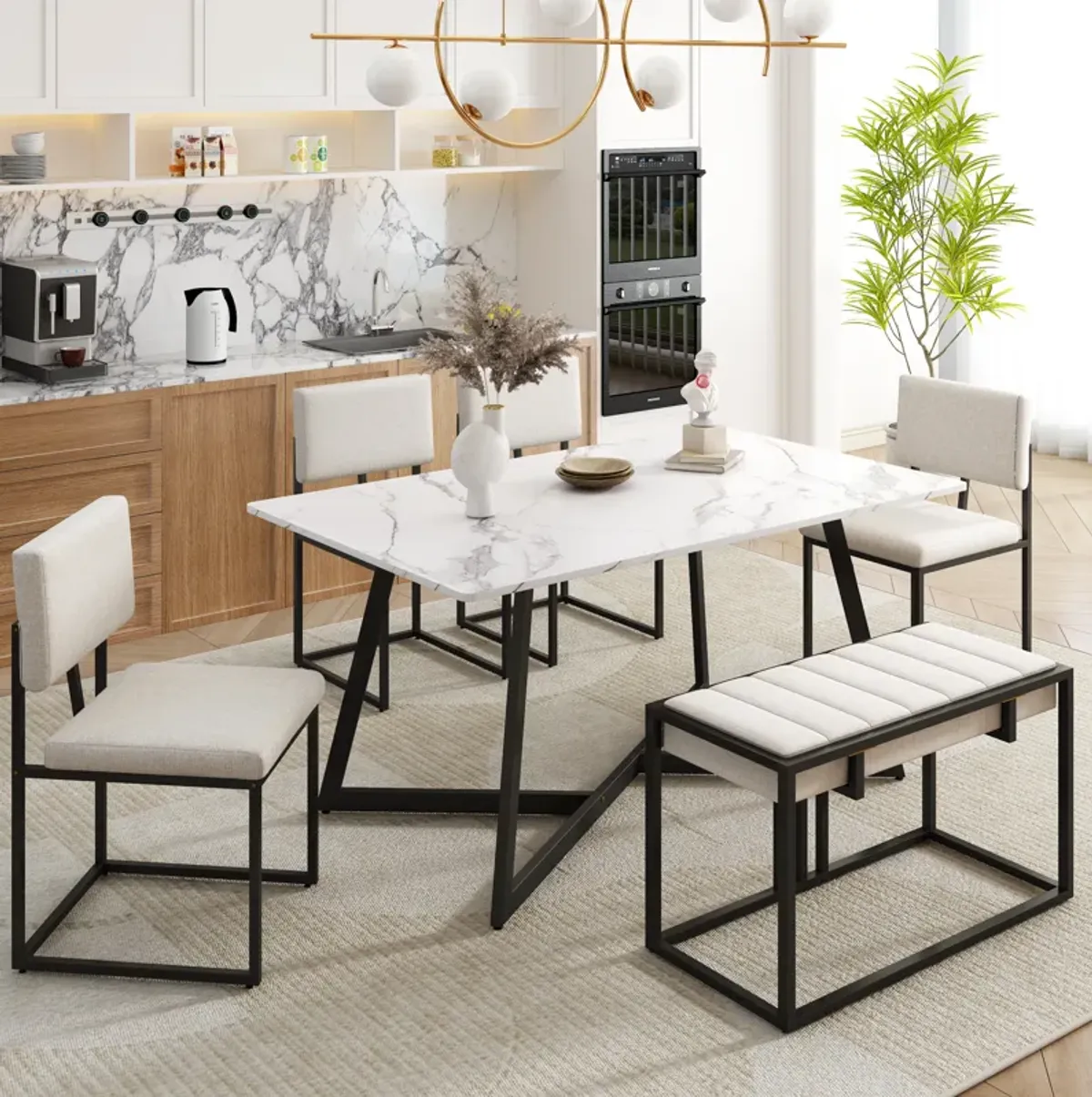 Merax Modern Faux Marble 6-Piece Dining Table Set