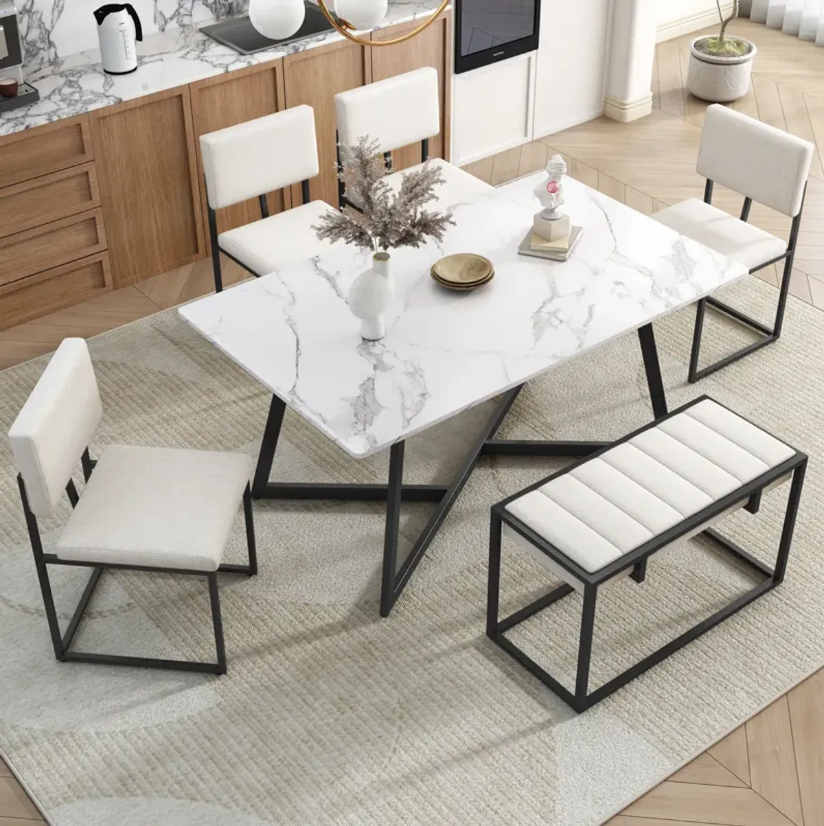 Merax Modern Faux Marble 6-Piece Dining Table Set