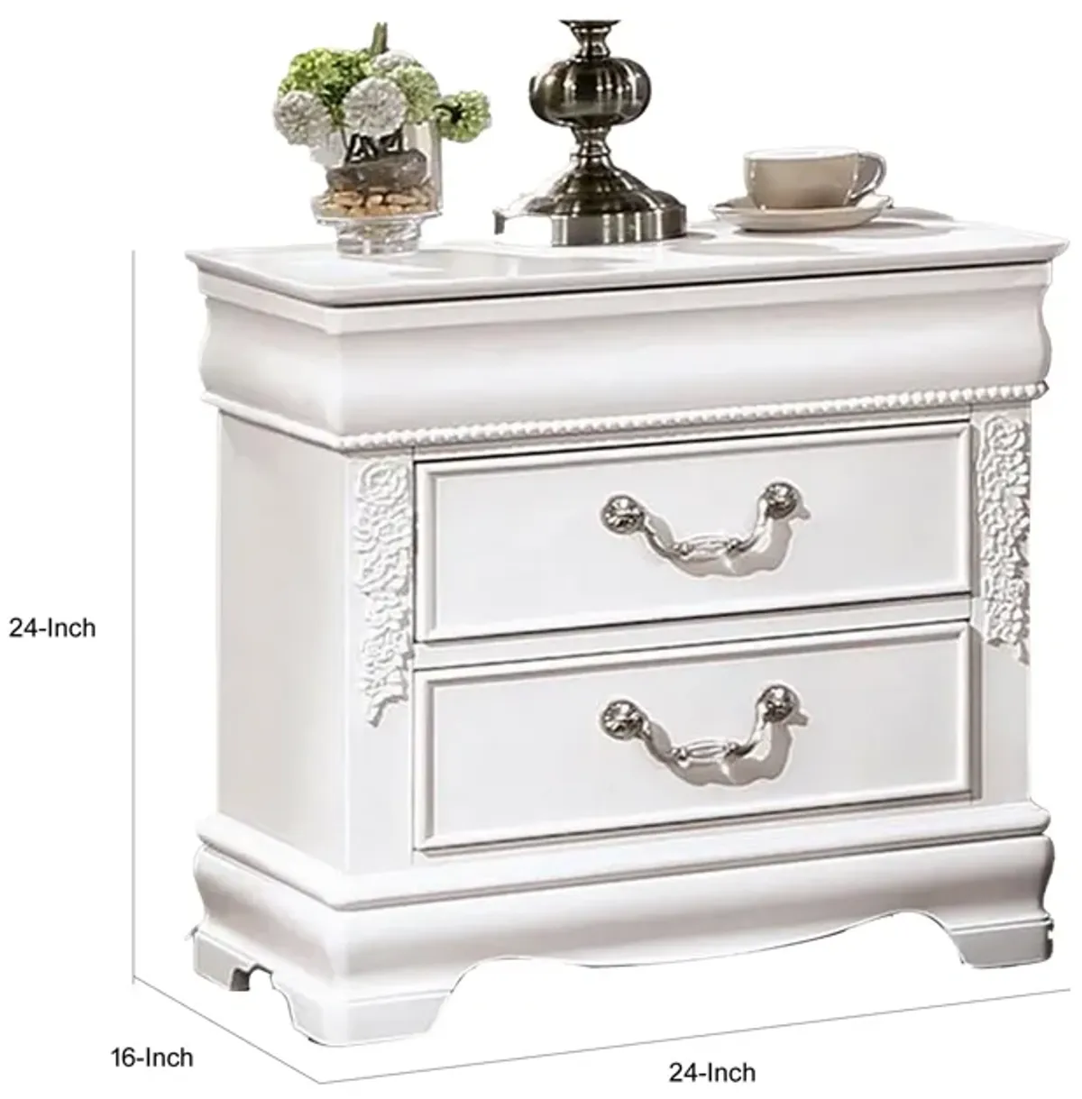 Benjara Aleci 24 Inch Nightstand, 2 Drawers, Carved Details, Solid Wood, White and Nickel