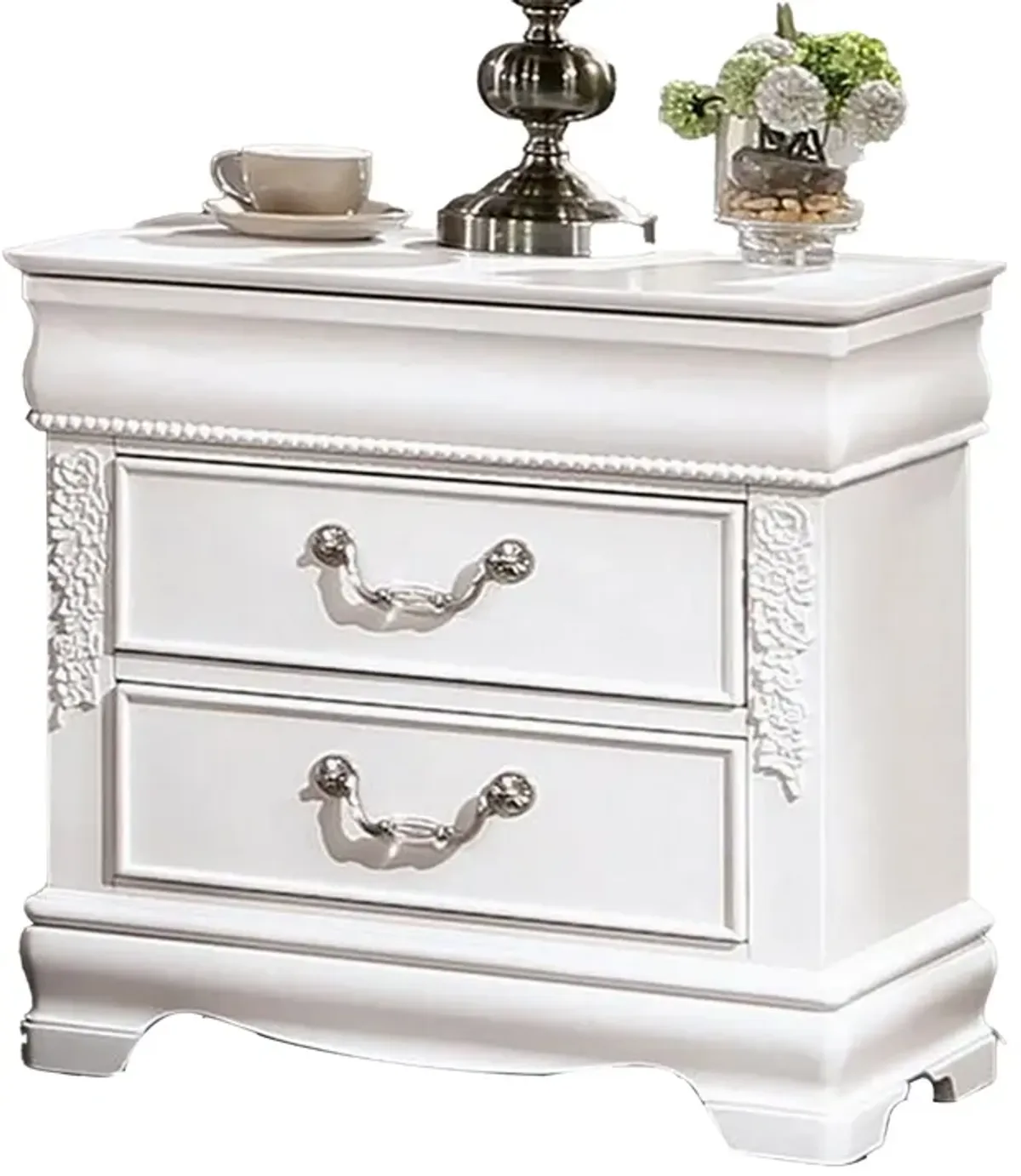 Benjara Aleci 24 Inch Nightstand, 2 Drawers, Carved Details, Solid Wood, White and Nickel