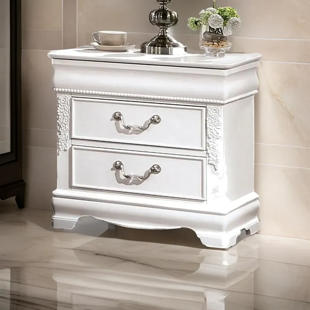 Benjara Aleci 24 Inch Nightstand, 2 Drawers, Carved Details, Solid Wood, White and Nickel