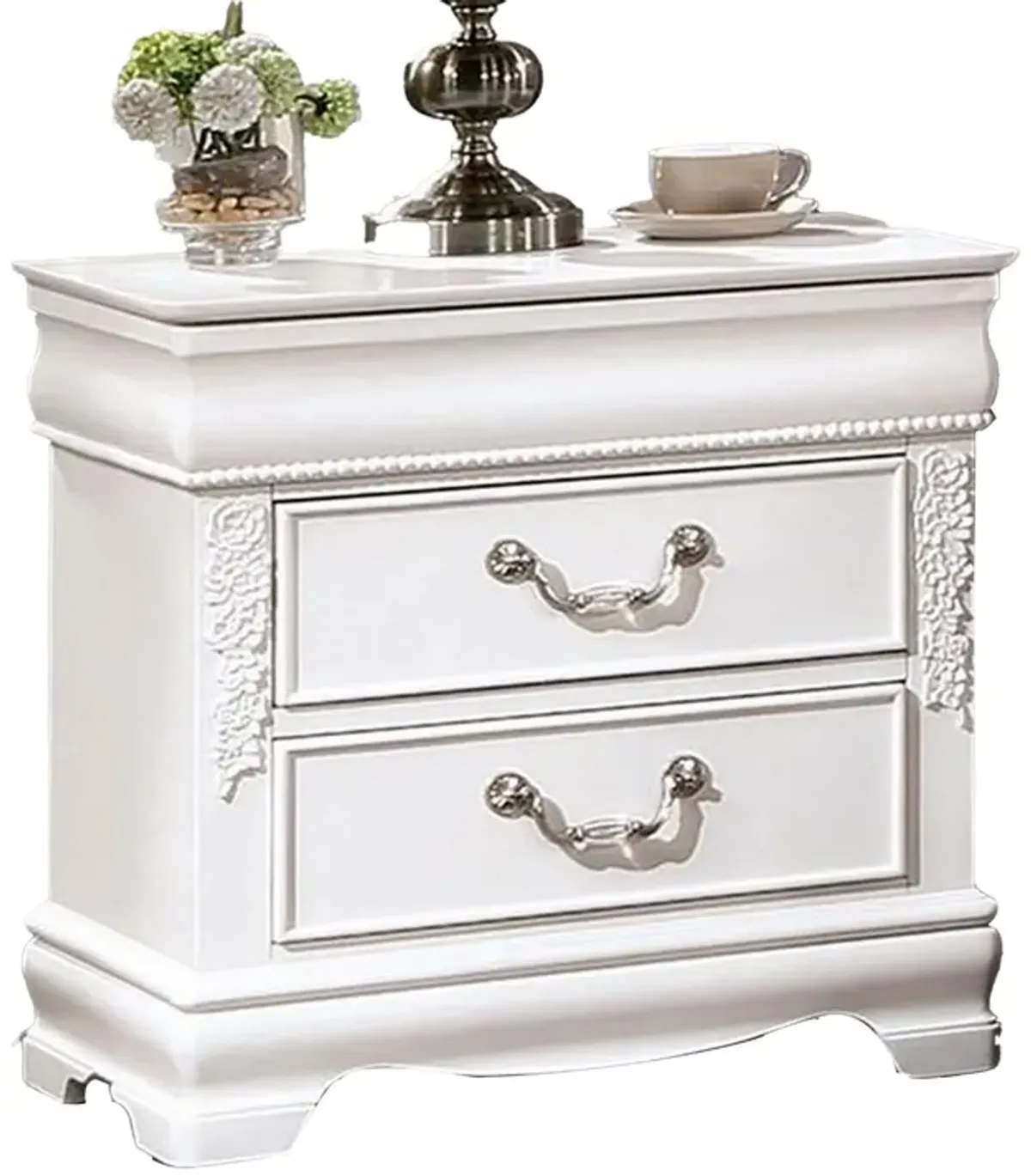 Benjara Aleci 24 Inch Nightstand, 2 Drawers, Carved Details, Solid Wood, White and Nickel