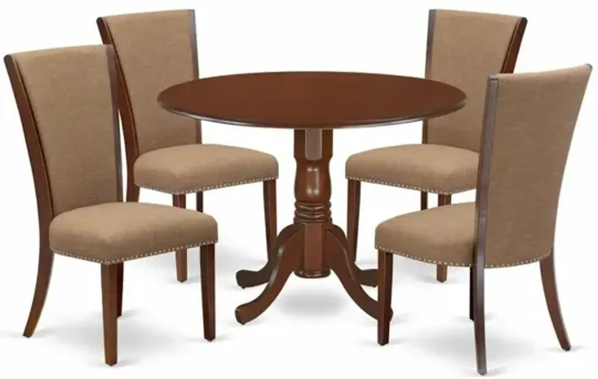 East-West Furniture DLVE5-MAH-47 - A dining room table set of 4 fantastic kitchen chairs with Linen Fabric Light Sable color and a stunning mid-century dining table with Mahogany Finish