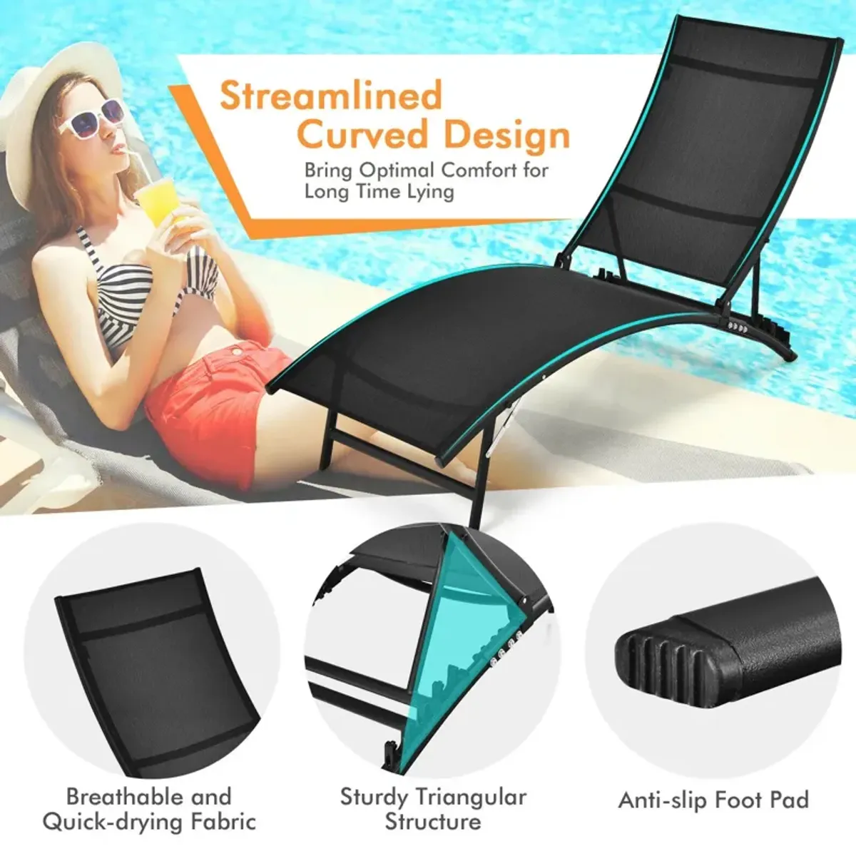 2 Pieces Patio Folding and Stackable Chaise Lounge Chair with 5-Position Adjustment-Black