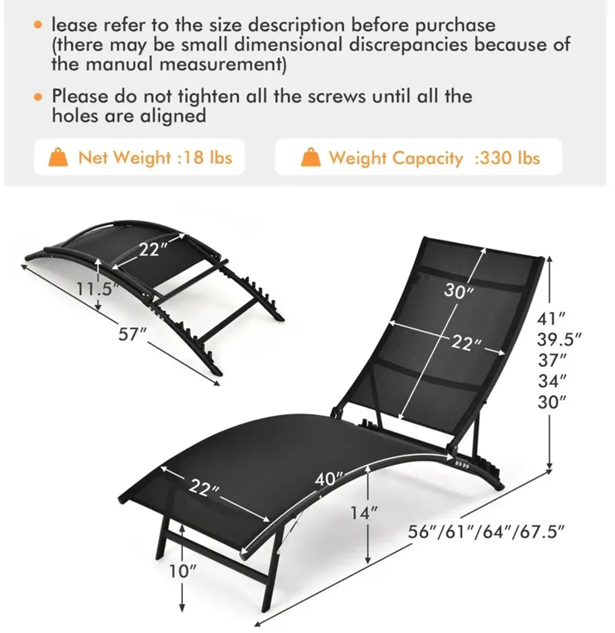 2 Pieces Patio Folding and Stackable Chaise Lounge Chair with 5-Position Adjustment-Black