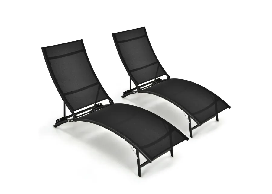 2 Pieces Patio Folding and Stackable Chaise Lounge Chair with 5-Position Adjustment-Black