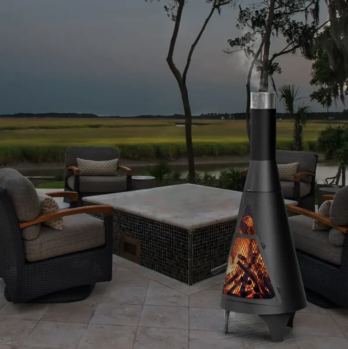 50" Black Outdoor Metal Wood Burning Chimenea Patio Heater Fire Pit for Backyard or Deck, Includes Fire Pit Poker Handle