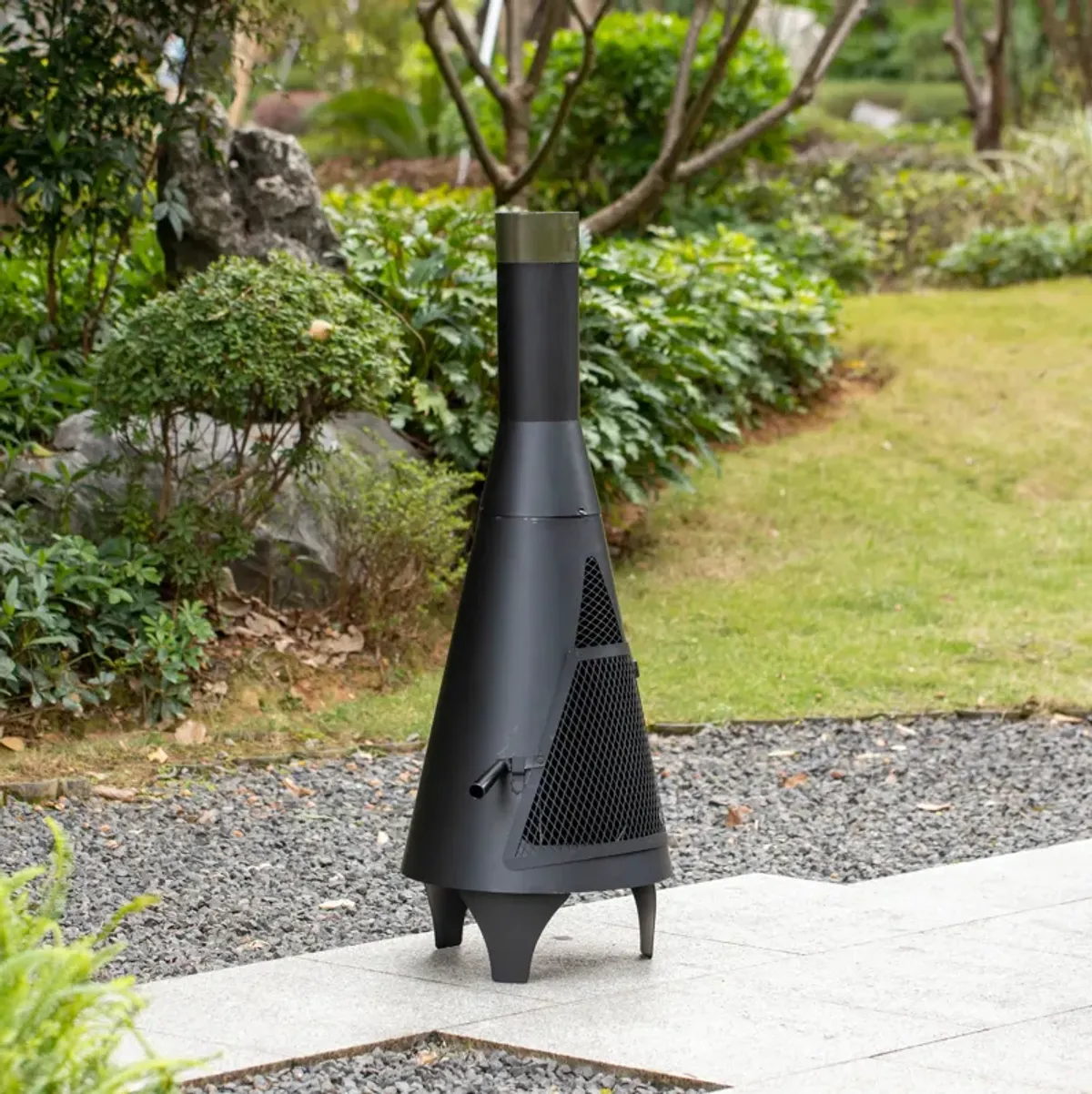 50" Black Outdoor Metal Wood Burning Chimenea Patio Heater Fire Pit for Backyard or Deck, Includes Fire Pit Poker Handle