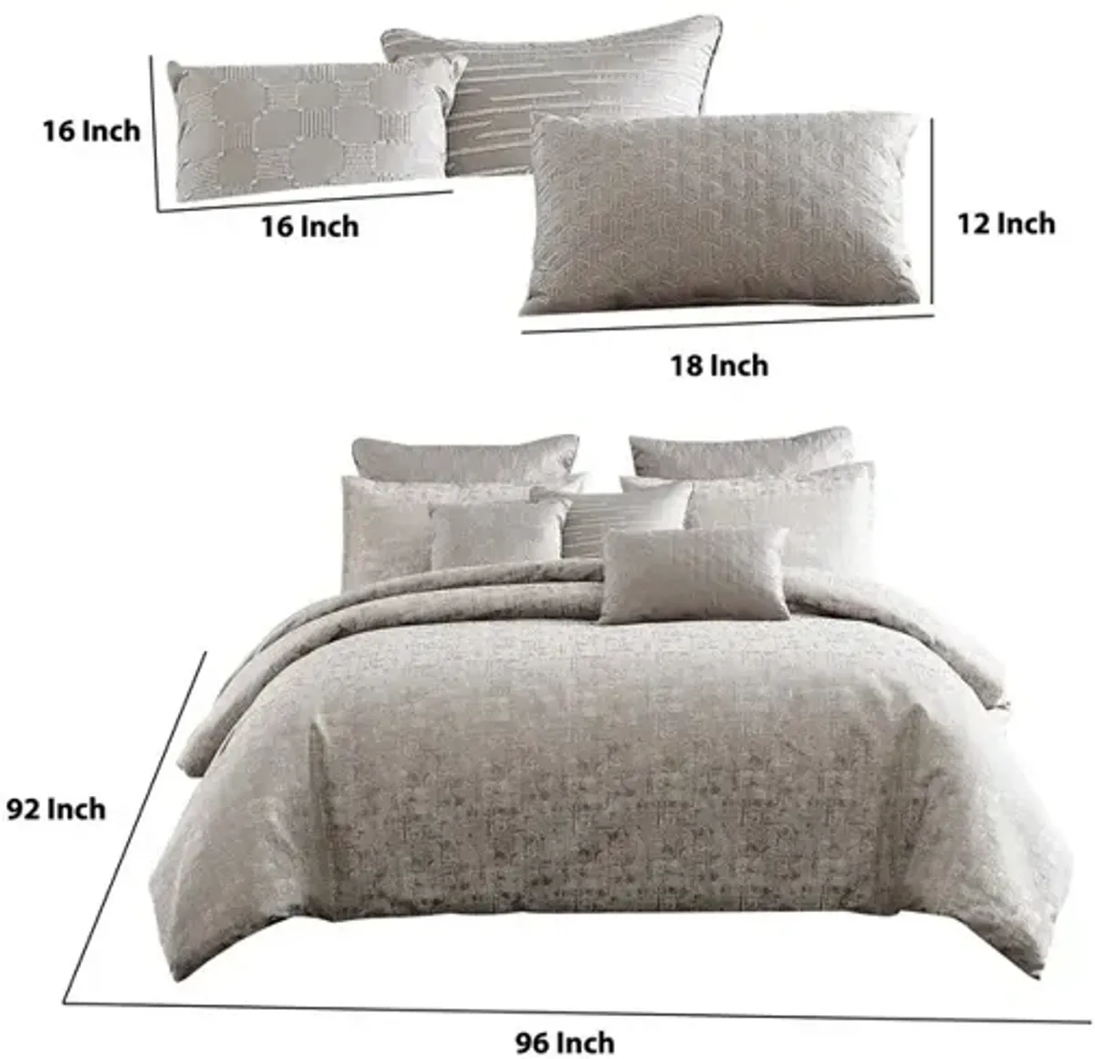 9 Piece Queen Polyester Comforter Set with Jacquard Print, Gray - Benzara