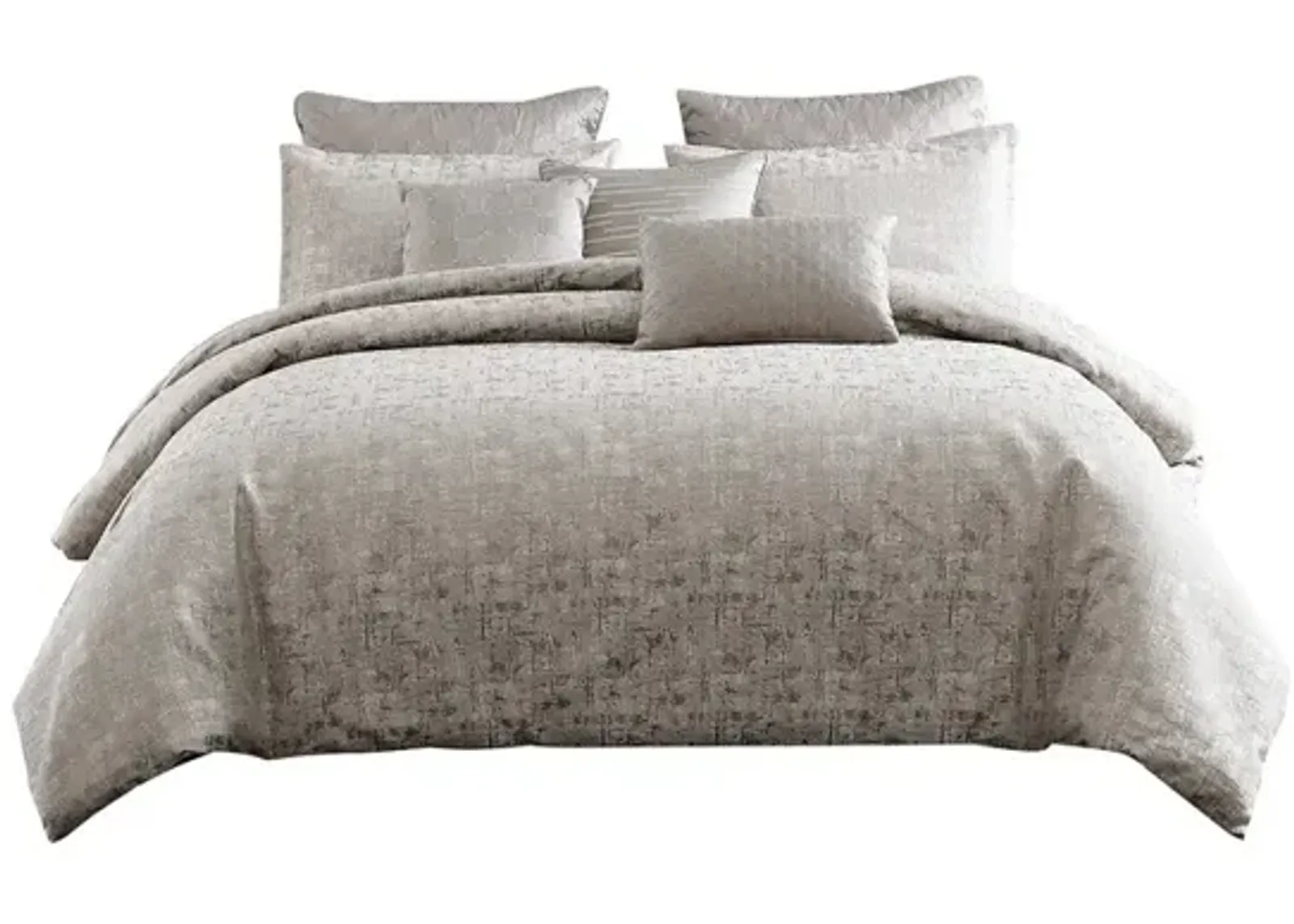 9 Piece Queen Polyester Comforter Set with Jacquard Print, Gray - Benzara