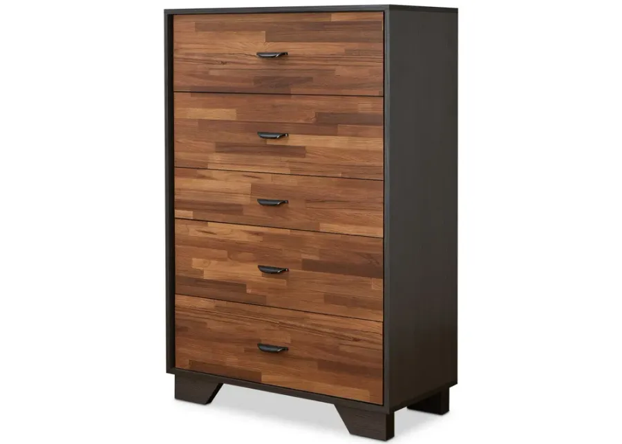 Wooden Chest with 5 Drawers, Walnut & Espresso Brown-Benzara