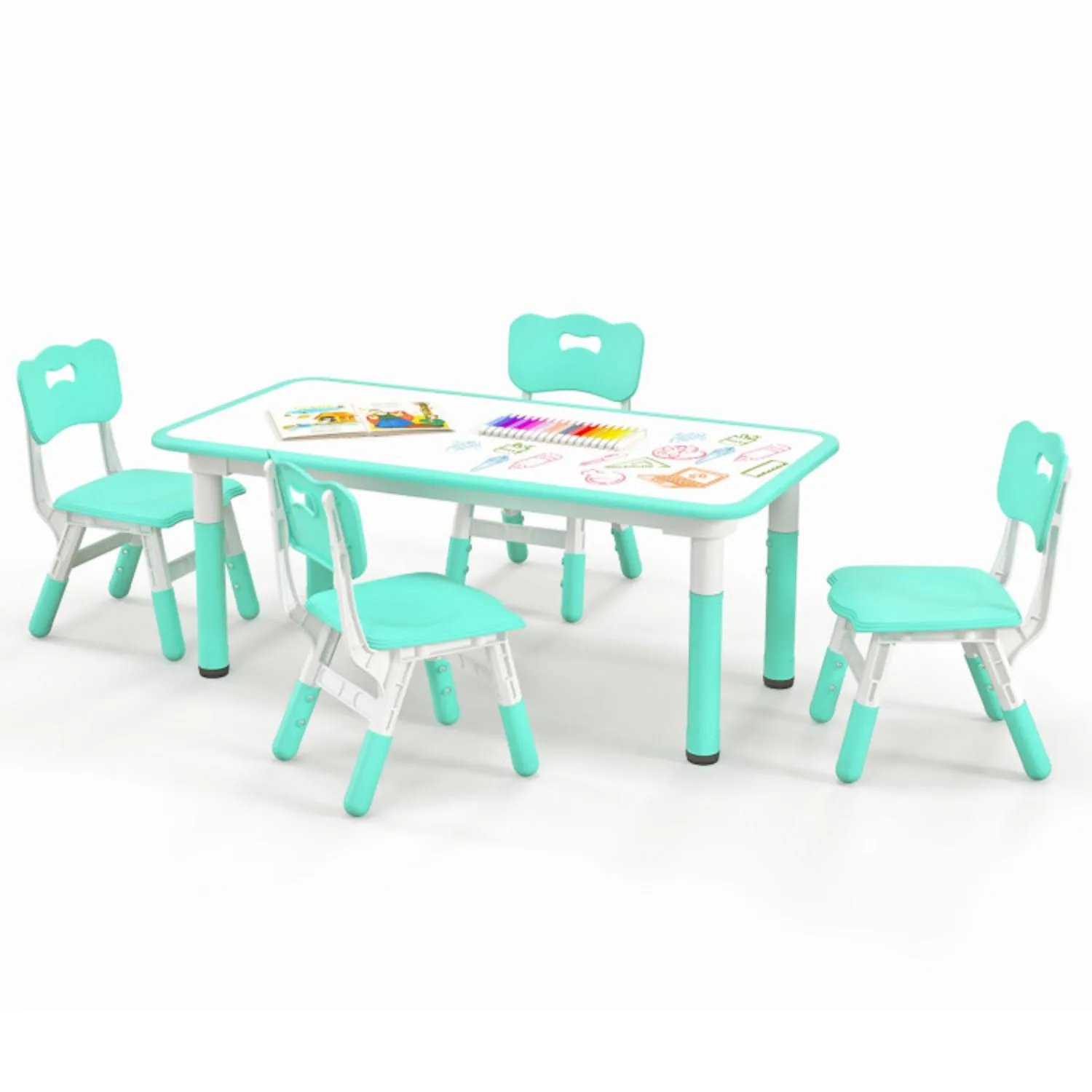 Hivvago Kids Table and Chairs Set for 4 with Graffiti Desktop