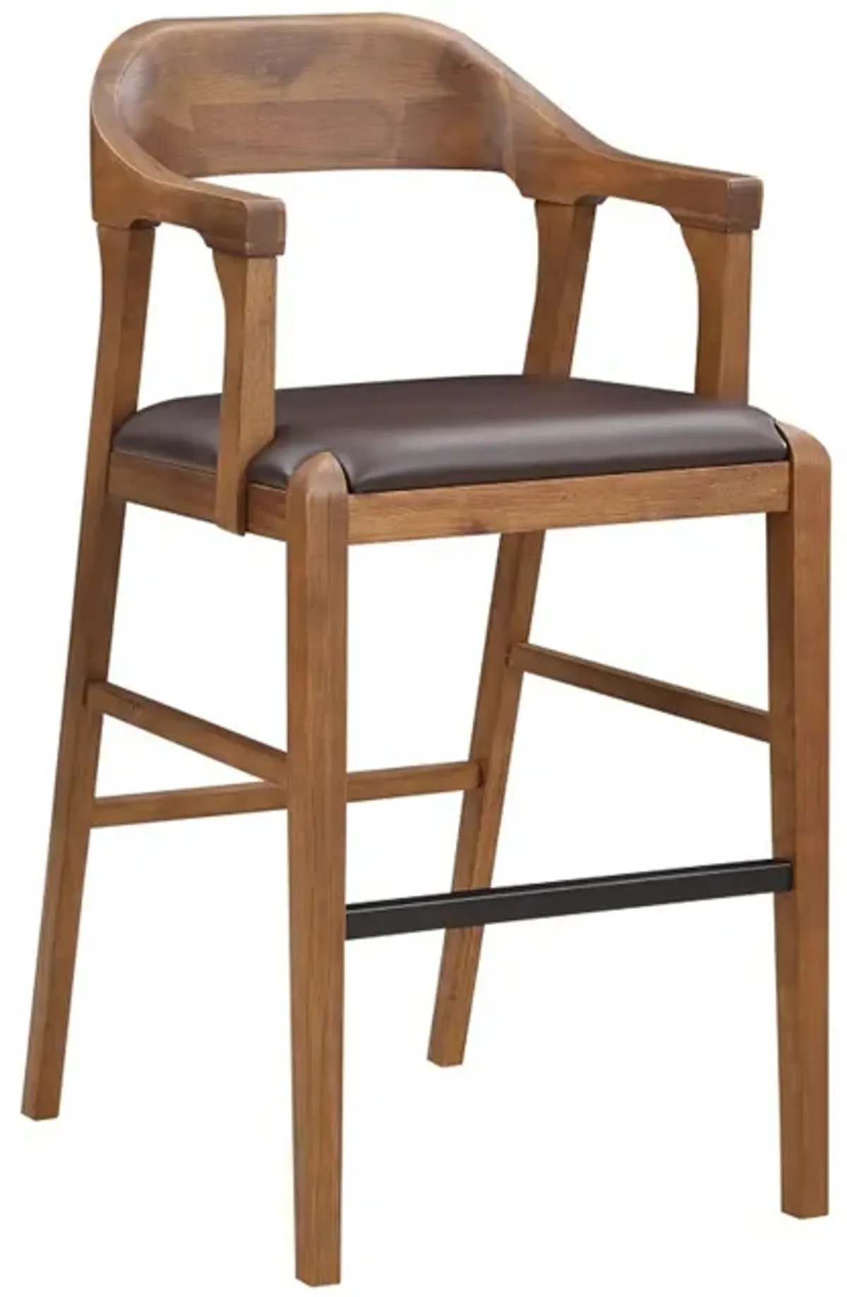 Rase 29 Inch Barstool Chair, Faux Leather Seat, Open Curved Back, Brown - Benzara