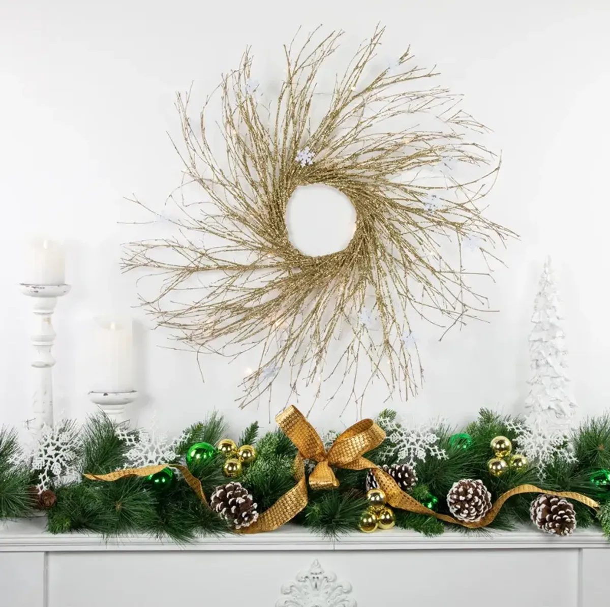 28" Pre-lit Gold Glittered Artificial Twig Christmas Wreath  Warm White LED Lights