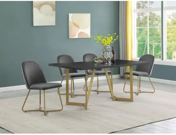 5pc rectangle dining table- Black wood top w/ 4 Dark grey velvet side chairs