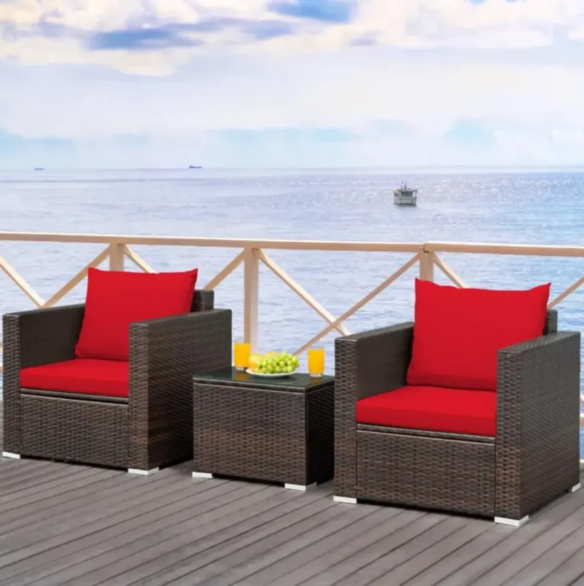 Hivvago 3 Pieces Patio Conversation Rattan Furniture Set with Cushion