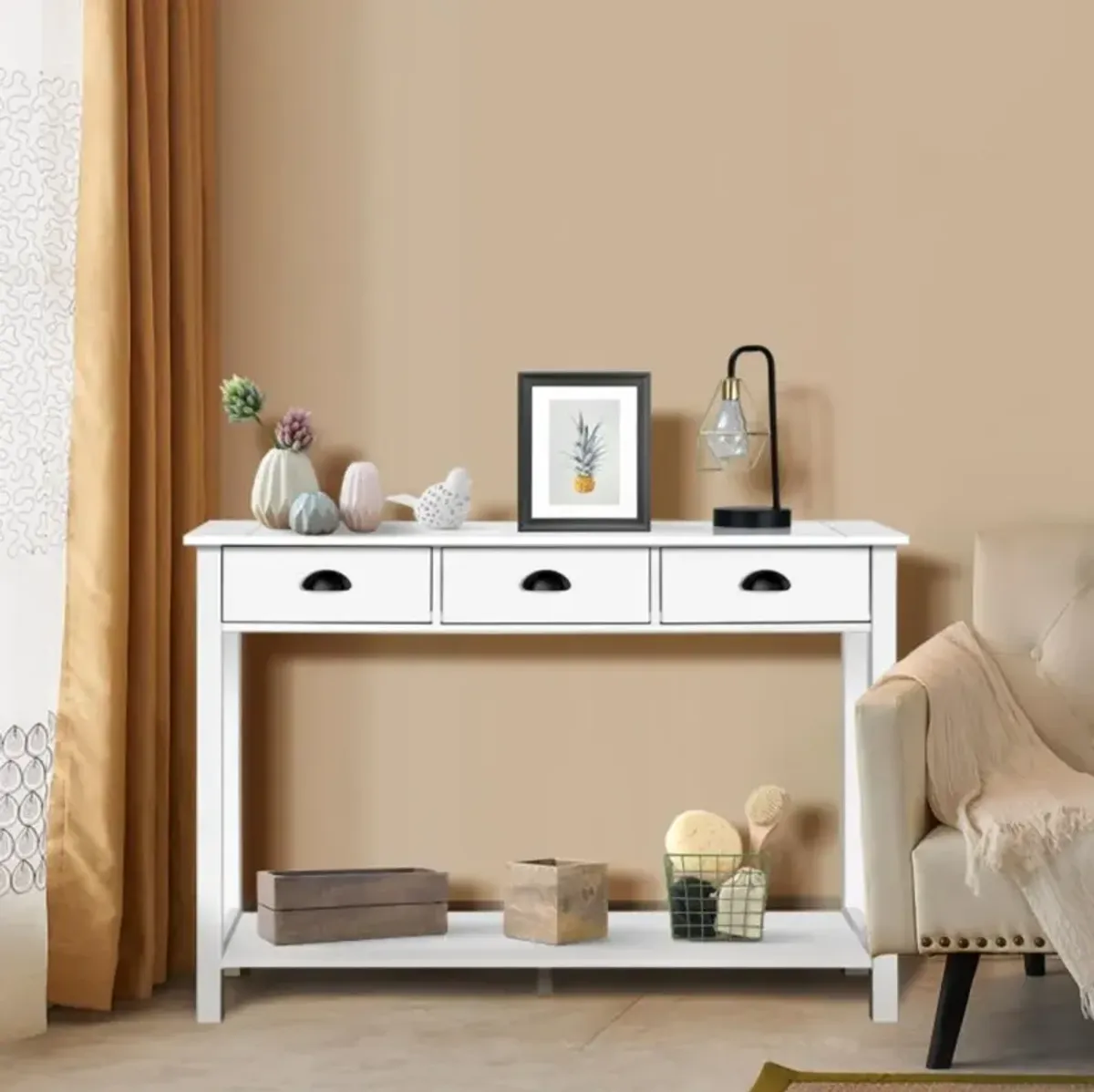 Hivvago Wooden Console Table with 3 Drawers and 2-Tier Shelves