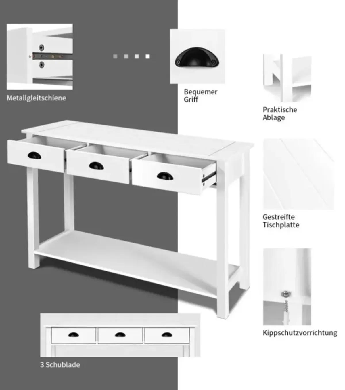 Hivvago Wooden Console Table with 3 Drawers and 2-Tier Shelves