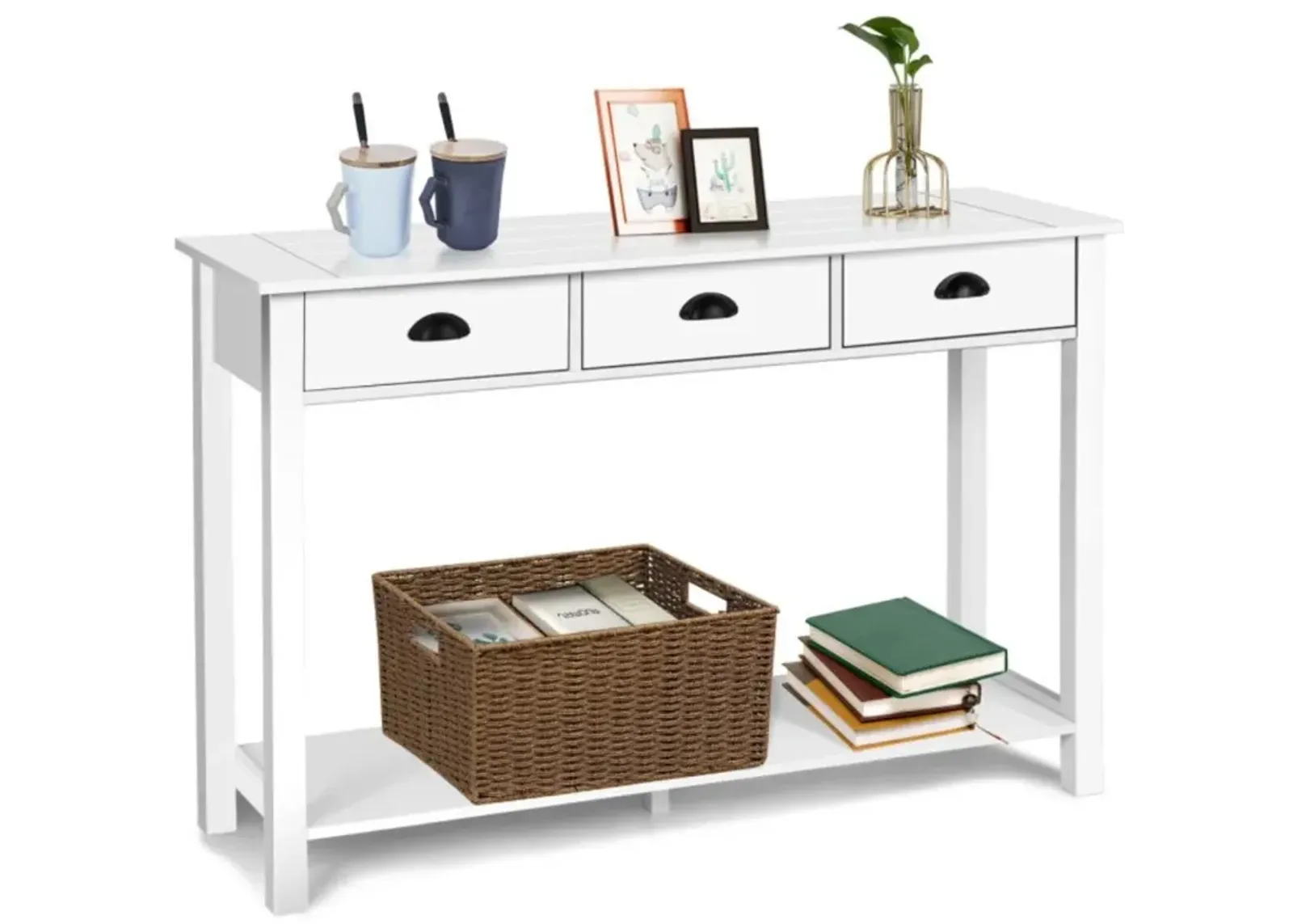 Hivvago Wooden Console Table with 3 Drawers and 2-Tier Shelves