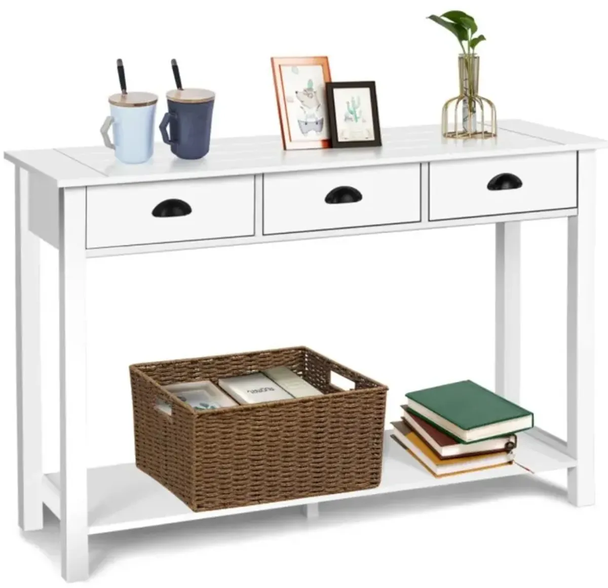 Hivvago Wooden Console Table with 3 Drawers and 2-Tier Shelves