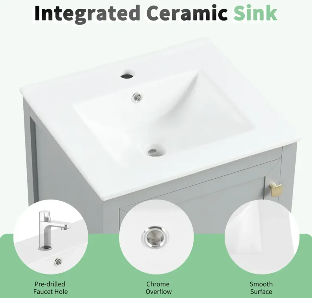 Whisen Bathroom Vanity with Sink, Vanity Cabinet with Soft Closing Door, Storage Rack and Drawer - White